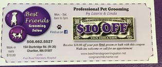 First time customers will Recieve $10.00 off their pets Bath or Groom at our Salon!