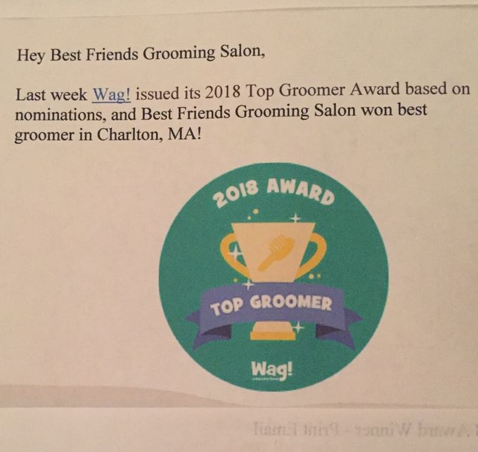 We are so thrilled We won the Award for  Best Grooming Salon in Charlton,MA for 2018! Call and make your pets appointment today and 1st time customers will receive $10.00 off their pets first groom or bath! Call 508-662-5527 or 508-264-7723